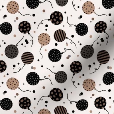 Happy Birthday balloons and confetti  retro textured party design for kids caramel beige black on ivory 