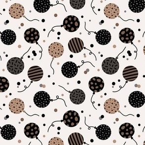 Happy Birthday balloons and confetti  retro textured party design for kids caramel beige black on ivory 