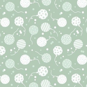 Happy Birthday balloons and confetti  retro textured party design for kids white sage mint green 