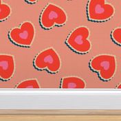 Large scale / Hearts scallop stickers red on peach / Retro textured red and pink double stamp paper cut out love cookies in beige lace dark navy shadow 70s vintage / Bright bold hot 60s Valentines Day