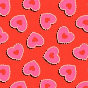 Small scale / Hearts scallop stickers pink on red / Retro textured hot fuchsia double stamp paper cut out love cookies in peach lace and black shadow 70s vintage / Bright bold 60s Valentines Day