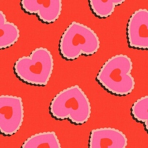 Medium scale / Hearts scallop stickers pink on red / Retro textured hot fuchsia double stamp paper cut out love cookies in peach lace and black shadow 70s vintage / Bright bold 60s Valentines Day