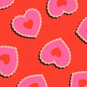 Large scale / Hearts scallop stickers pink on red / Retro textured hot fuchsia double stamp paper cut out love cookies in peach lace and black shadow 70s vintage / Bright bold 60s Valentines Day