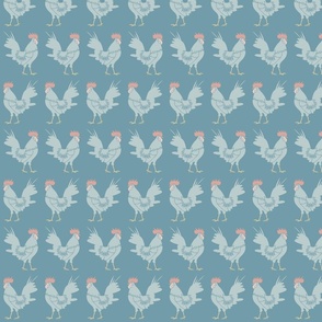 marching country roosters on grayish blue | medium