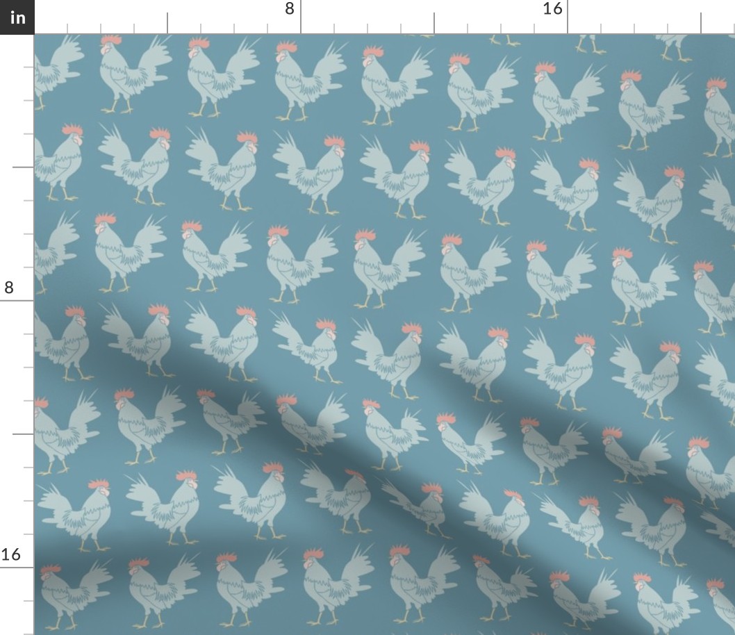marching country roosters on grayish blue | medium