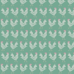 marching country roosters on grayish spring green | medium