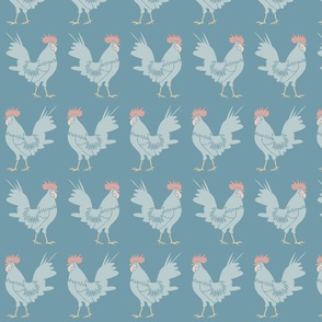 marching country roosters on grayish blue | large