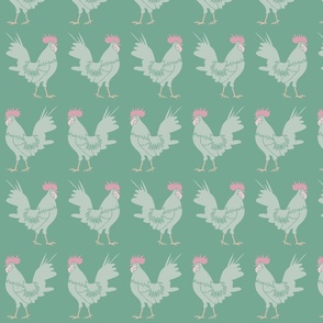 marching country roosters on grayish spring green | large