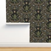 Mystical frog damask with moon and mushrooms - earthy green, mustard and cool grey - extra large