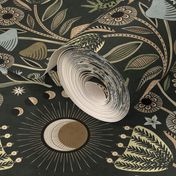 Mystical frog damask with moon and mushrooms - earthy green, mustard and cool grey - extra large