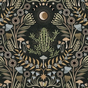 Mystical frog damask with moon and mushrooms - earthy green, mustard and cool grey - extra large