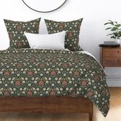 Welcoming vintage garden  - arts and crafts style floral in warm rust red and olive green on dark green - medium