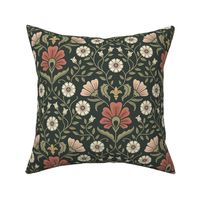 Welcoming vintage garden  - arts and crafts style floral in warm rust red and olive green on dark green - medium