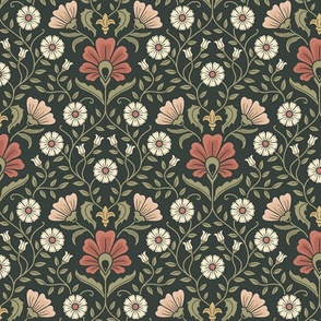 Welcoming vintage garden  - arts and crafts style floral in warm rust red and olive green on dark green - medium