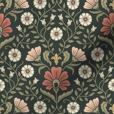 Welcoming vintage garden  - arts and crafts style floral in warm rust red and olive green on dark green - small