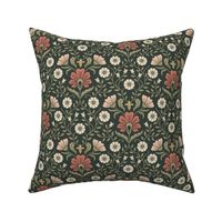 Welcoming vintage garden  - arts and crafts style floral in warm rust red and olive green on dark green - small