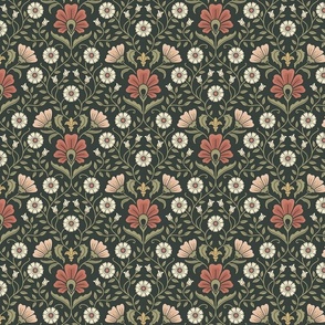 Welcoming vintage garden  - arts and crafts style floral in warm rust red and olive green on dark green - small