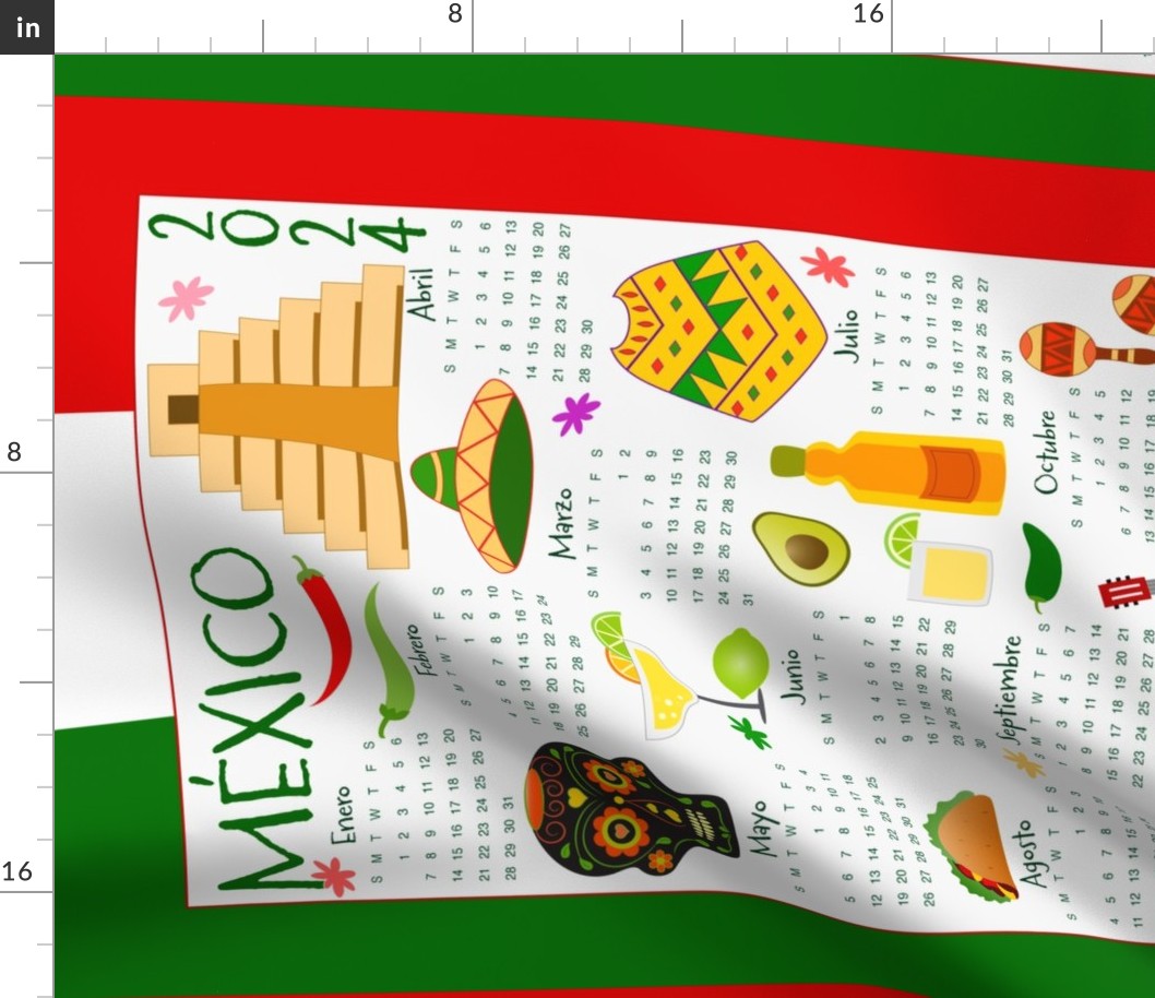 2024 Tea towel calendar with Mexico  traditional symbols 