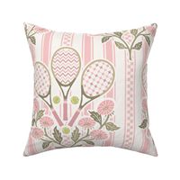 Preppy Tennis fans  floral with tennis rackets, balls and pink stripes - warm pink and green