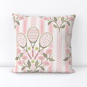 Preppy Tennis fans  floral with tennis rackets, balls and pink stripes - warm pink and green