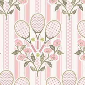 Preppy Tennis fans  floral with tennis rackets, balls and pink stripes - warm pink and green