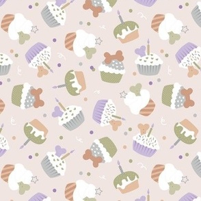 Happy Birthday Puppy - Party cupcakes candles and confetti for dogs gotcha day lilac matcha green beige on sand 