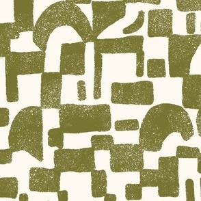 Moss Green Abstract Checks Textured Block Print