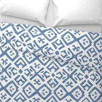Boho Rubber Blockprint Off-white ornaments on blue with linen structure - large scale