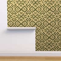 Boho Rubber Blockprint Off-white ornaments on dark green with linen structure - large scale
