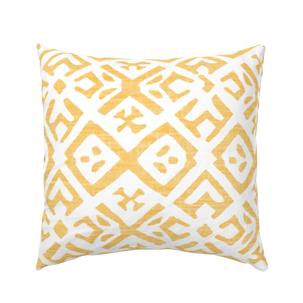 Boho Rubber Blockprint Off-white ornaments on golden yellow with linen structure - large scale