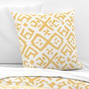 Boho Rubber Blockprint Off-white ornaments on golden yellow with linen structure - large scale