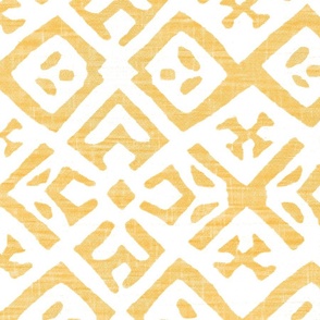 Boho Rubber Blockprint Off-white ornaments on golden yellow with linen structure - large scale