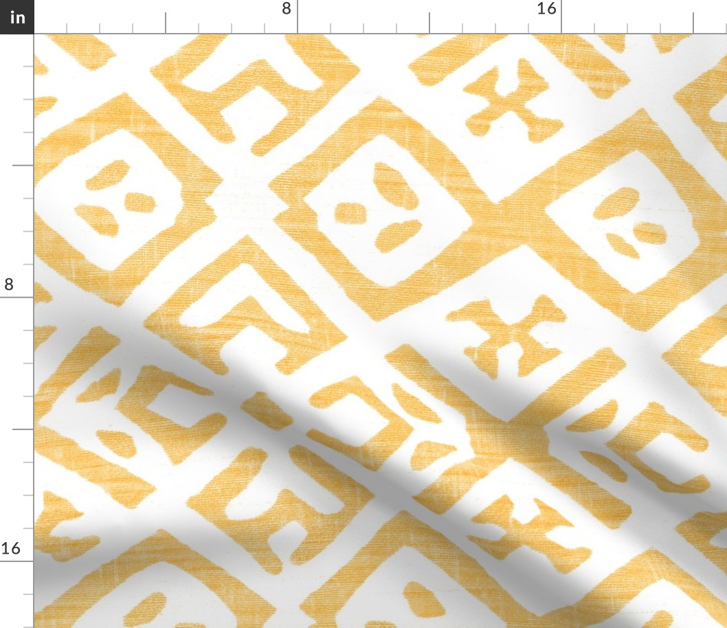 Boho Rubber Blockprint Off-white ornaments on golden yellow with linen structure - large scale