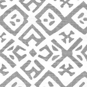 Boho Rubber Blockprint Off-white ornaments on dark grey with linen structure - large scale