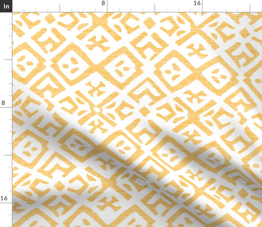 Boho Rubber Blockprint Off-white ornaments on golden yellow with linen structure - medium scale