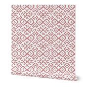 Boho Rubber Blockprint Off-white ornaments on dark red with linen structure - medium scale
