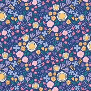 Fun floral non directional print  blue with bright colours - Small