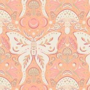 Whimsical Moth and mushrooms Pantone Color Peach -  SMALL scale