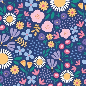 Fun floral non directional print  blue with bright colours - Large