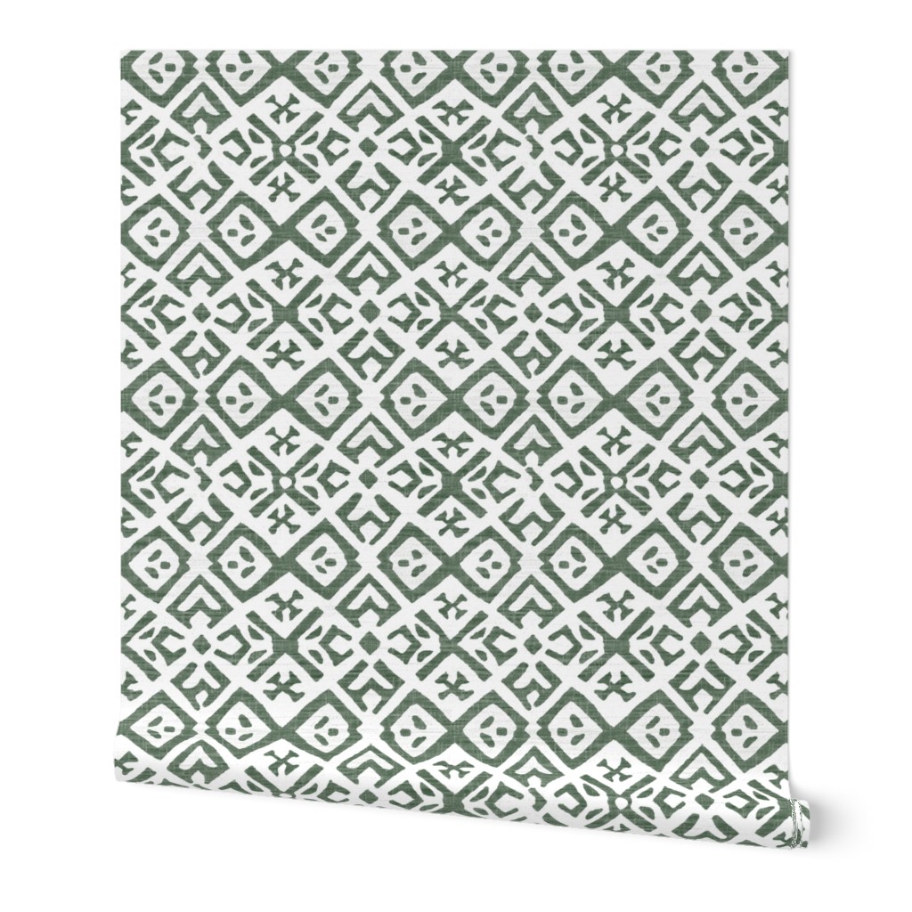 Boho Rubber Blockprint Off-white ornaments on dark green with linen structure - medium scale