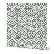 Boho Rubber Blockprint Off-white ornaments on dark green with linen structure - medium scale