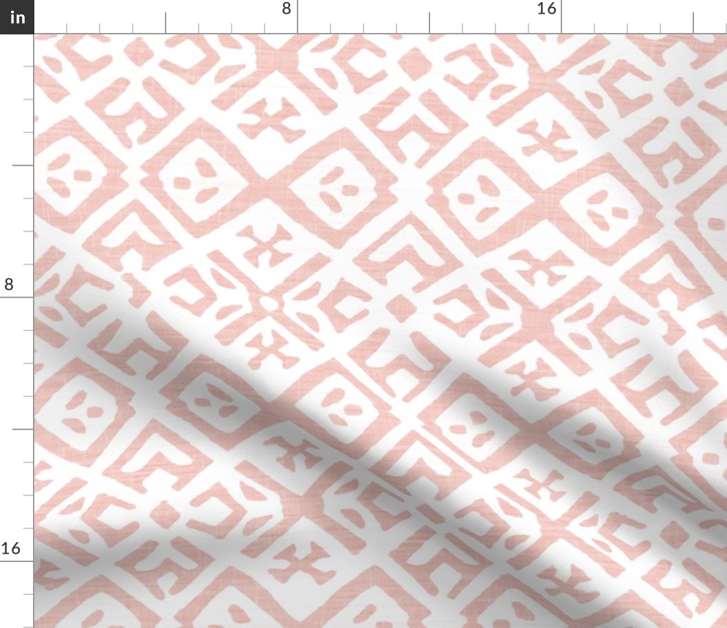 Boho Rubber Blockprint Off-white ornaments on light pink / salmon with linen structure - medium scale