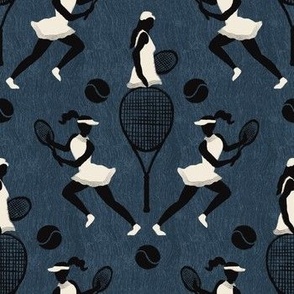 Playful Match: Whimsical Tennis Delight on Navy (7in x 7in)