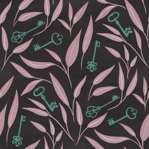 vintage keys and tea leaves in green and mauve over dark grey