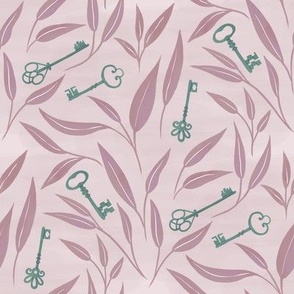 vintage keys and tea leaves in muted green and rusty pink over soft pink