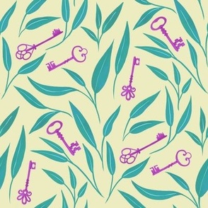 vintage keys and tea leaves in magenta and green over creamy beige