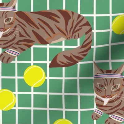 Kitty Borg Tennis Cat Tennis Balls Green Citron Yellow Cute Fabric Large Scale