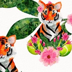 Maximalist Watercolor Tennis Tigers on White 21 x 21 - Pink Spring Flowers Court Sports Cute Kids Fabric