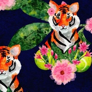 Maximalist Watercolor Tennis Tigers on Navy 21x21 - Tennis Balls Pink Spring Flowers Court Sports Cute Kids Fabric