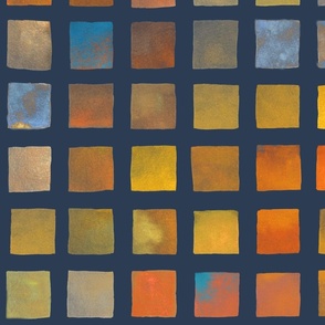 (L) Watercolor Grid Squares Sunset Southwest Earth Colors on Dark Blue